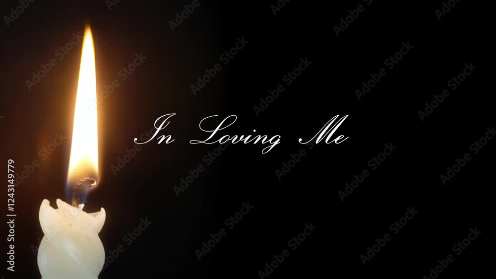 White candle flame illuminates darkness with warm glow. In Loving Memory text appears in elegant calligraphy, creating intimate memorial atmosphere with graceful typography.
