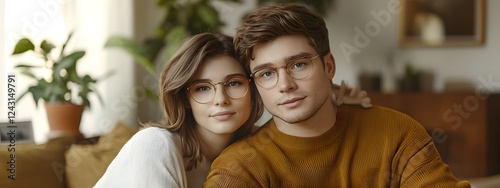 A young woman with brown hair and glasses wearing an elegant beige top is sitting on the couch next to her boyfriend
