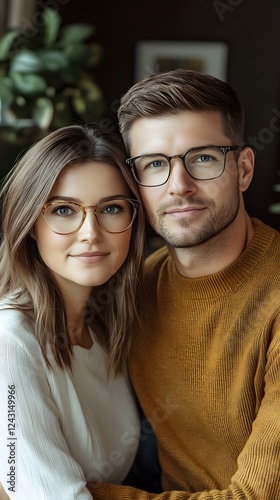 A young woman with brown hair and glasses wearing an elegant beige top is sitting on the couch next to her boyfriend
