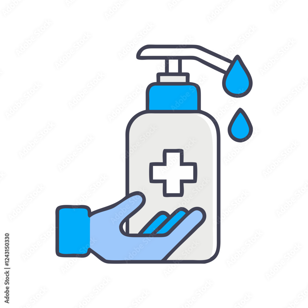 Hand Sanitizer Icon with blue droplets in a clean background Hand Sanitizer Icon with blue droplets in a clean background