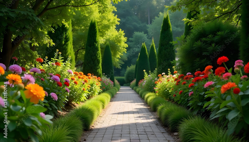 Naklejka premium A breathtaking garden filled with vibrant, colorful flowers in full bloom, surrounded by lush greenery and towering trees. A winding stone path leads through the garden, with butterflies fluttering an