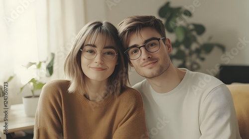 A young woman with brown hair and glasses wearing an elegant beige top is sitting on the couch next to her boyfriend
