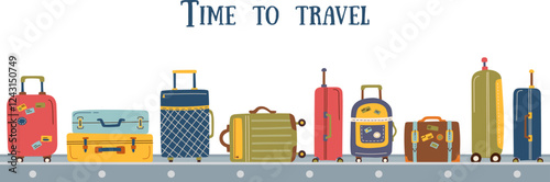 Travel banner. Suitcases on the claim line isolated on white. Travel, vacation and business trip concepts. Flat vector illustration background.