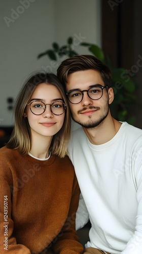 A young woman with brown hair and glasses wearing an elegant beige top is sitting on the couch next to her boyfriend
