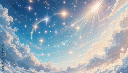 Fototapeta Naklejka Na Ścianę i Meble -  A dreamy view of a starlit sky with glowing clouds and a bright sun