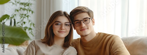A young woman with brown hair and glasses wearing an elegant beige top is sitting on the couch next to her boyfriend
