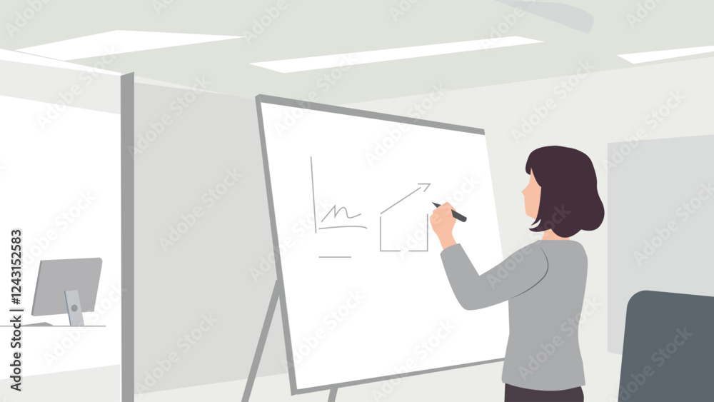 Businesswoman Drawing Graph on Whiteboard in Office Businesswoman Drawing Graph on Whiteboard in Office