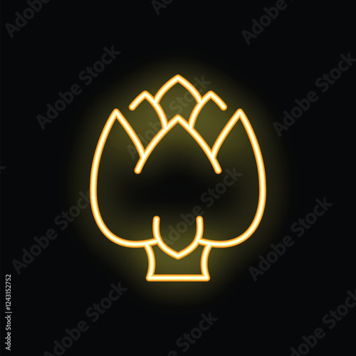 Bright yellow neon sign depicting an artichoke, glowing on a black background