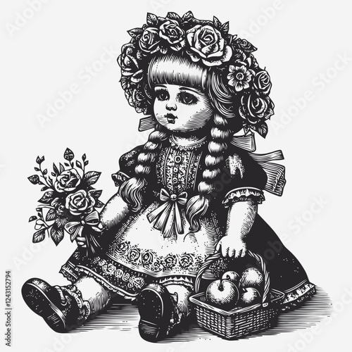 antique doll on black background