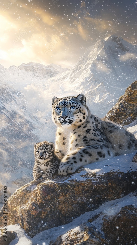 Fototapeta premium Majestic snow leopards in snowy mountains