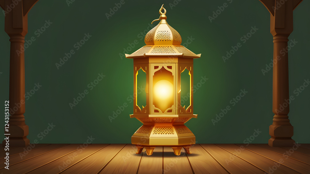 Golden Lantern for Ramadan Casting a Soft Glow Against a Green Background Golden Lantern for Ramadan Casting a Soft Glow Against a Green Background