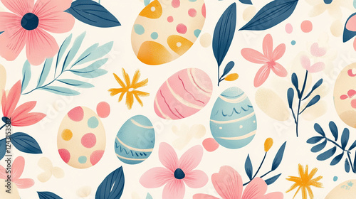 Seamless Easter-themed pattern with hand-drawn colorful eggs, floral motifs, and delicate springtime illustrations, ideal for festive designs