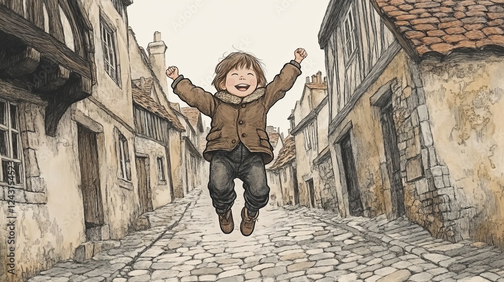 Joyful Child Leaping on Cobblestone Streets in a Charming Village Scene Joyful Child Leaping on Cobblestone Streets in a Charming Village Scene