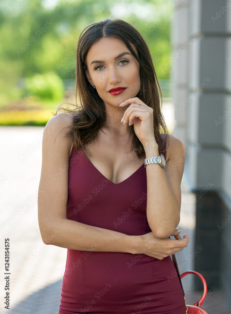 Portrait close up of young beautiful brunette woman in red dress, summer street outdoors Portrait close up of young beautiful brunette woman in red dress, summer street outdoors