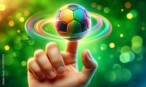 Eine Hand mit Zeigefinger tippt an einen sich drehenden kleinen Fußball in Regenbogenfarben, Hintergrund grün mit Bokeh, copy space photo