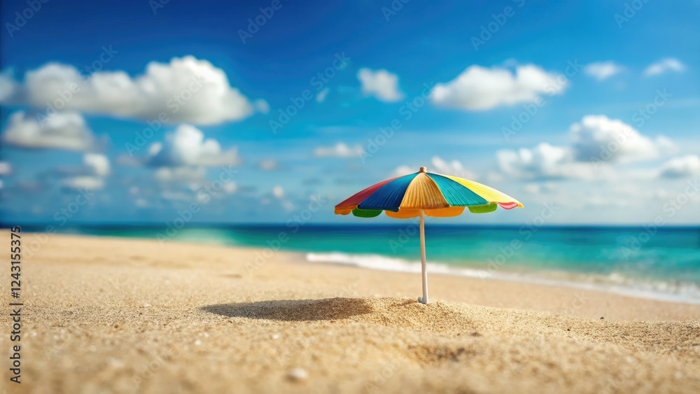 Miniature beach umbrella on a serene sandy shore, under a vibrant blue summer sky. Miniature beach umbrella on a serene sandy shore, under a vibrant blue summer sky.