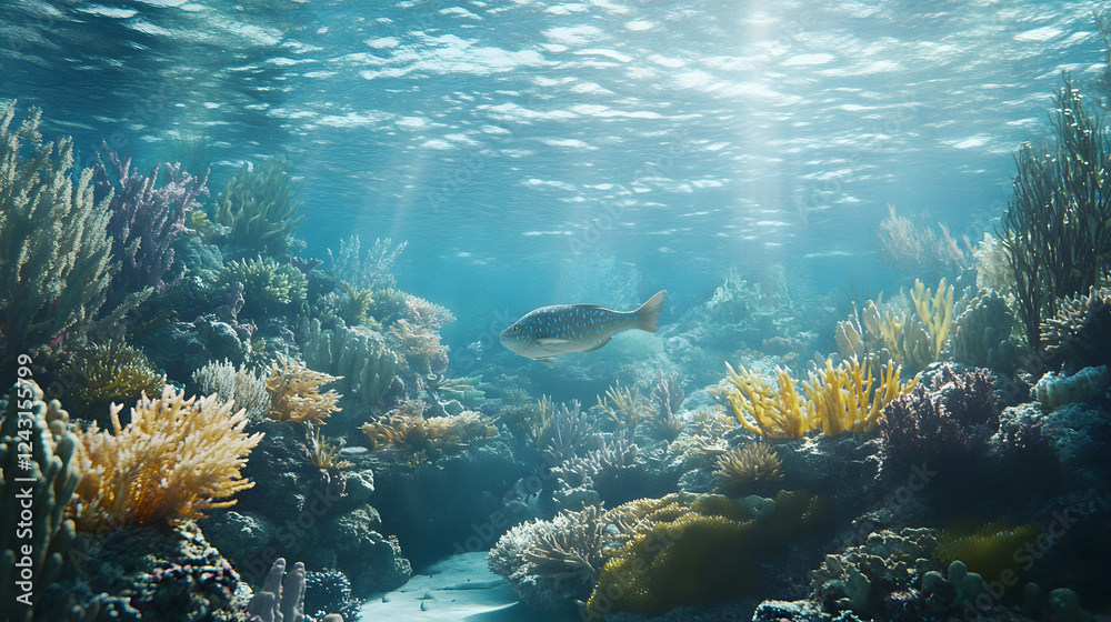 Fototapeta premium grouper camouflaged near coral formations in tranquil underwater scene, surrounded by vibrant marine life and sunlight filtering through water