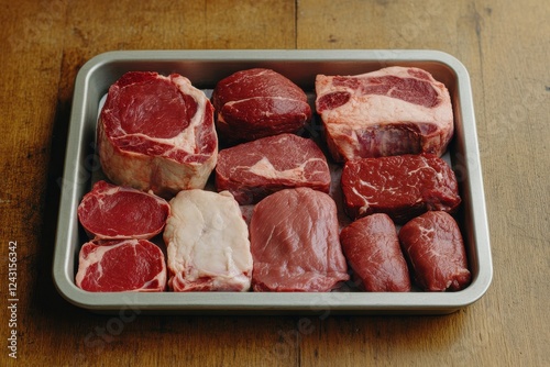 A variety of fresh cuts of raw beef neatly arranged on a tray, showcasing different cuts and textures for culinary purposes. photo