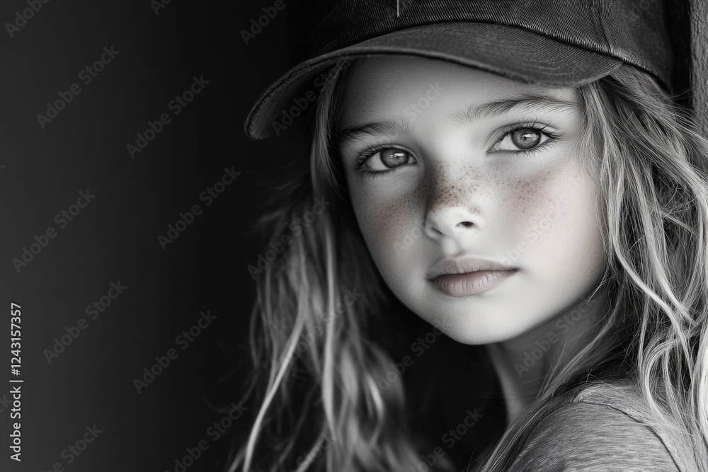 Black and white portrait of a young girl wearing a hat Black and white portrait of a young girl wearing a hat
