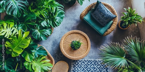 Lush Greenery Surrounds Wicker Furniture and Plants