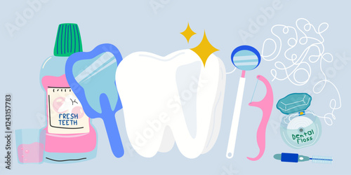 Dentist day poster. Tooth protection vector illustration. Teeth dentistry banner. Stomatology advertising design