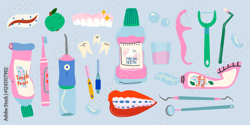 Dental cleaning tools, caries treatment, oral care and hygiene products. Dental care accessories. Dental vector stickers in retro style
