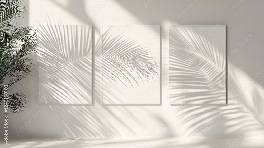 Naklejka premium Minimalist palm leaves casting shadows on a bright neutral wall.
