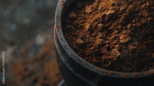 Cocoa powder in rustic bowl, dark and moody coffee ground close up photo