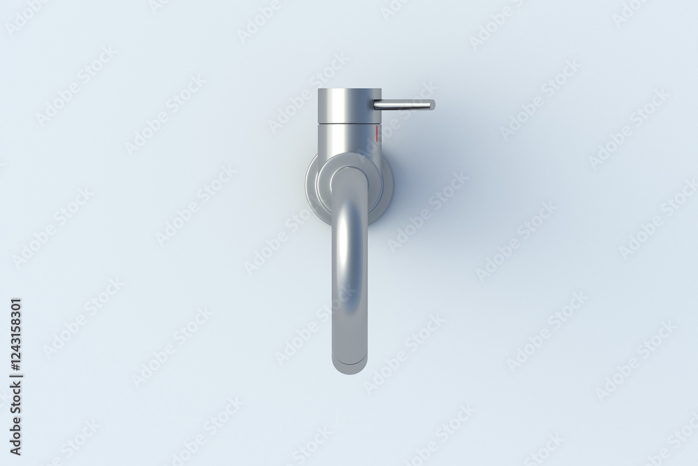 Metallic faucet on light gray background. Mixer for cold and hot water. Kitchen or bathroom equipment. Top view. 3d render Metallic faucet on light gray background. Mixer for cold and hot water. Kitchen or bathroom equipment. Top view. 3d render