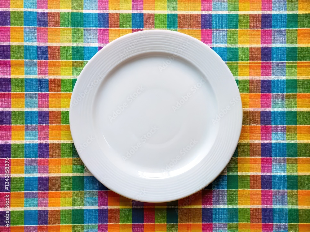 Overhead shot: a blank round plate rests on a vibrant tablecloth, perfect for culinary or design mockups. Overhead shot: a blank round plate rests on a vibrant tablecloth, perfect for culinary or design mockups.