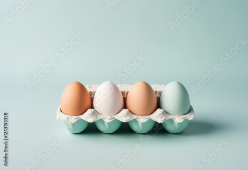 Four eggs in pastel shades in a carton on light teal background. photo