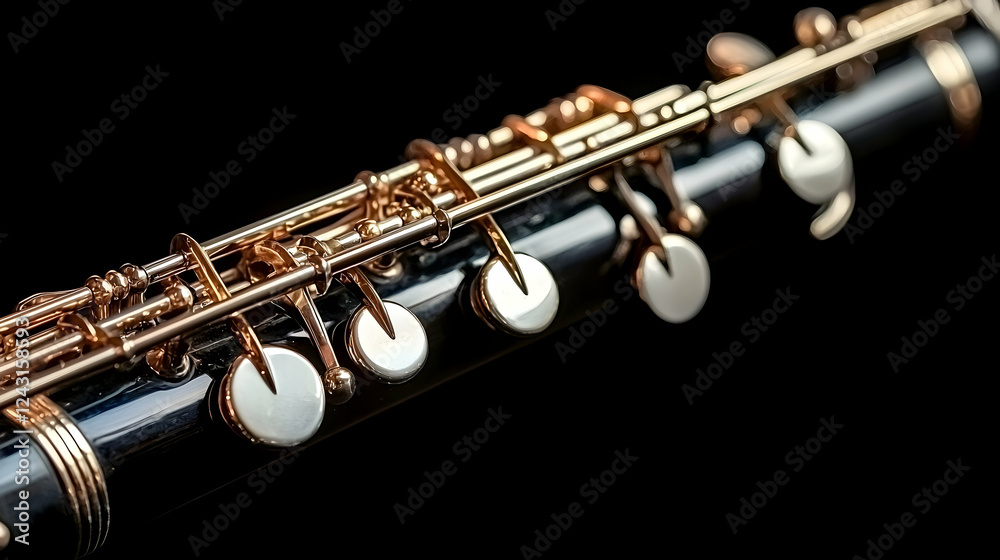 Fototapeta premium Close-up black clarinet detail, gold keys, dark background, musical instrument, studio shot