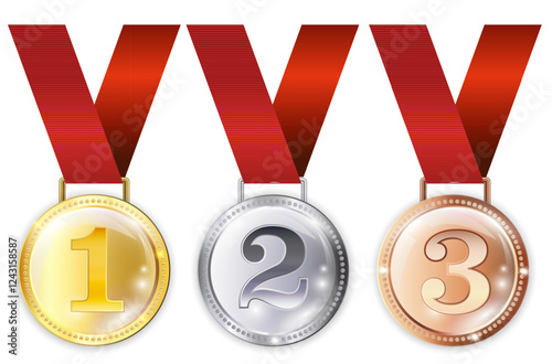 Award medals, gold, silver, and bronze medals on transparent background