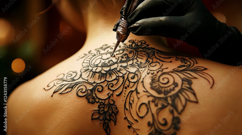 Obraz premium A tattoo artist is meticulously inking an intricate design onto a customer's back.
