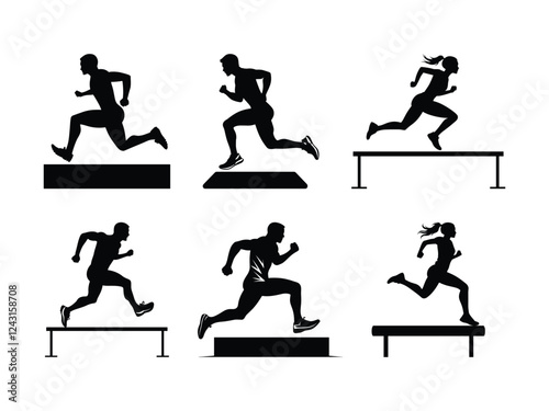Dynamic Runners Overcoming Obstacles - Sports Silhouette