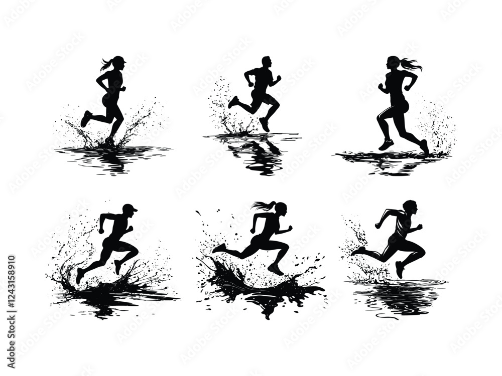 Running Silhouettes Splashing in Motion – Dynamic Fitness Art Running Silhouettes Splashing in Motion – Dynamic Fitness Art