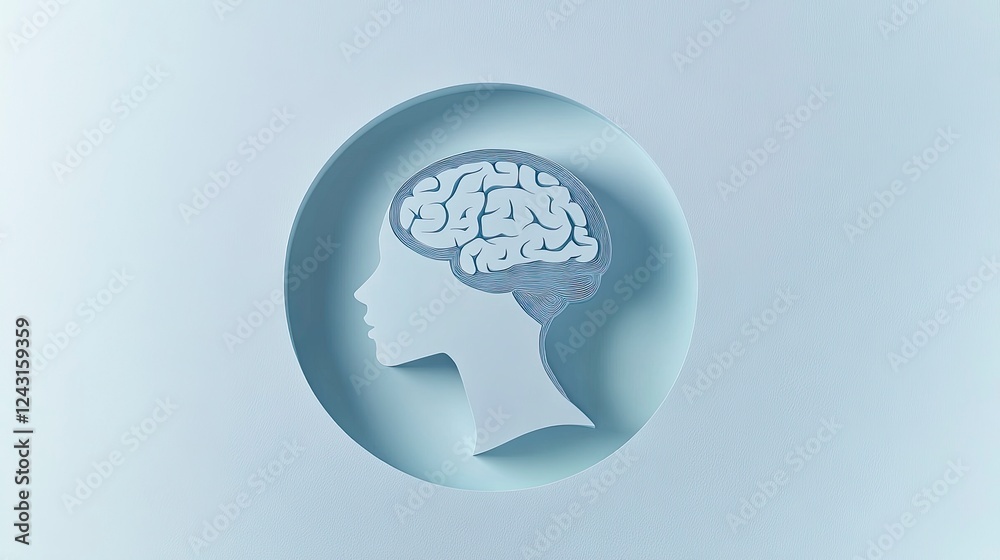 Minimalist paper cutout of the side-view profile silhouette with a brain inside on a white background, a light blue circle in front of it. A simple vector graphic design Minimalist paper cutout of the side-view profile silhouette with a brain inside on a white background, a light blue circle in front of it. A simple vector graphic design