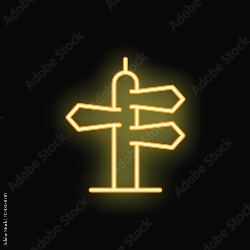 Minimalistic glowing yellow neon icon of a signpost with blank arrows pointing in different directions, indicating multiple choices and uncertainty