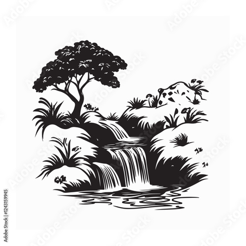 Forest Creek Image vector. Little creek flowing in the cloud forest image vector