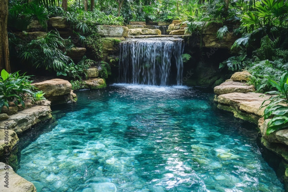 Naklejka premium Waterfall cascading into a tranquil pool in a forest