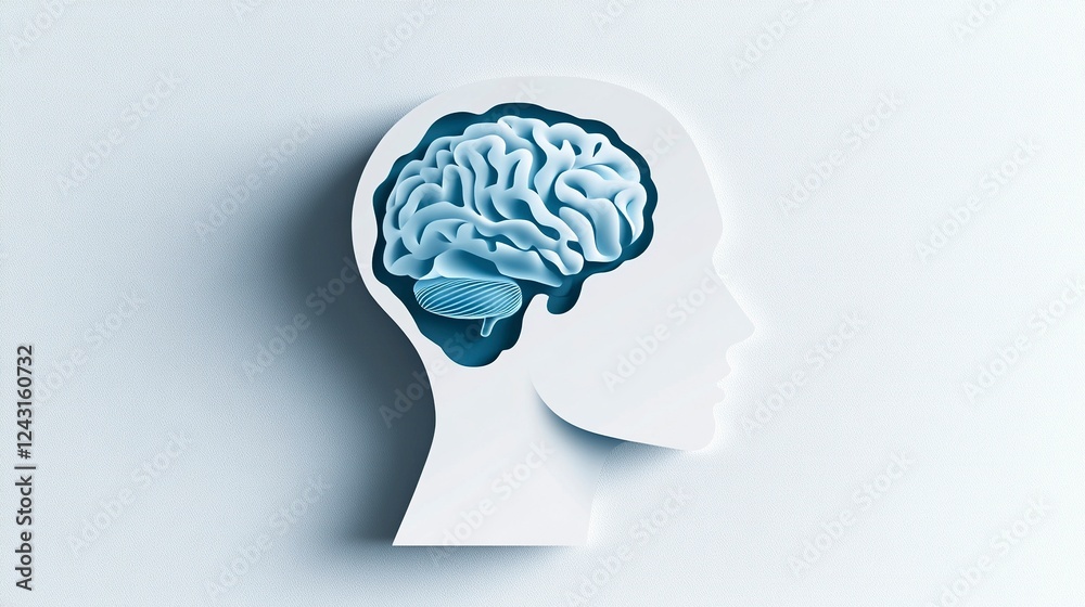 Paper-cut card vector logo design of a human head profile with a brain inside, in a minimalist, flat style illustration. The colors used are soft blue and white, Paper-cut card vector logo design of a human head profile with a brain inside, in a minimalist, flat style illustration. The colors used are soft blue and white,