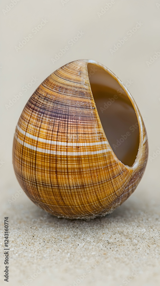 Striped Seashell on Beach Sand, Coastal Background, Nature Photography, Decoration Striped Seashell on Beach Sand, Coastal Background, Nature Photography, Decoration