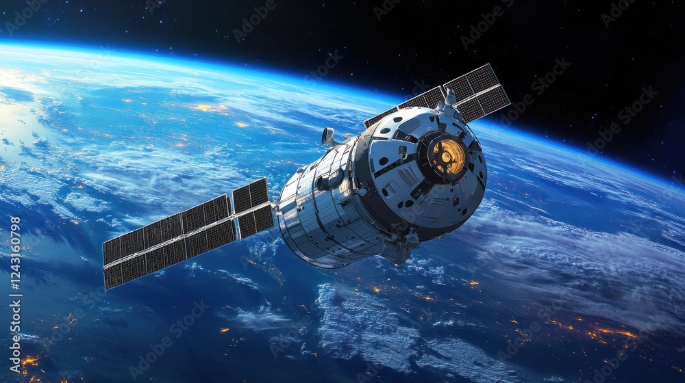 Fototapeta premium A spacecraft or satellite orbiting Earth, showcasing technology and exploration.