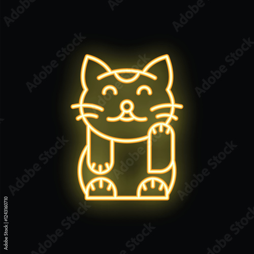 Neon illustration of a maneki neko, a japanese beckoning cat, traditionally believed to bring good luck and fortune