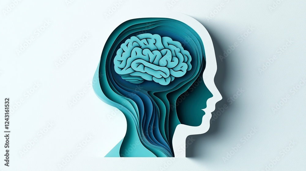 Paper-cut card vector of a human head profile with a brain inside, in a minimalist, simple design on a white background. A blue circle is on the left side of the banner, with a copy space area. Paper-cut card vector of a human head profile with a brain inside, in a minimalist, simple design on a white background. A blue circle is on the left side of the banner, with a copy space area.