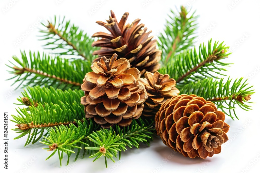 Rustic Christmas charm: Brown pine cones and spruce branches, perfect for winter product photography. Rustic Christmas charm: Brown pine cones and spruce branches, perfect for winter product photography.