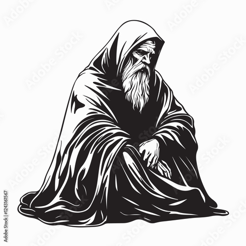Hermit Man Image vector. Black and white Hermit Old Man vector image.