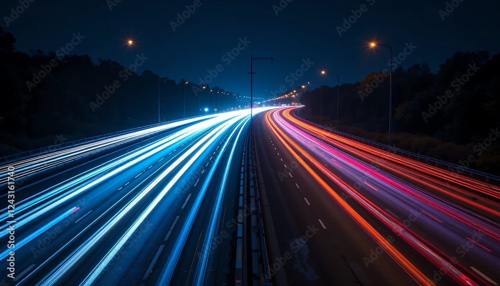 Highway at night with car light trails creating vibrant blue and pink streaks along asphalt Highway at night with car light trails creating vibrant blue and pink streaks along asphalt