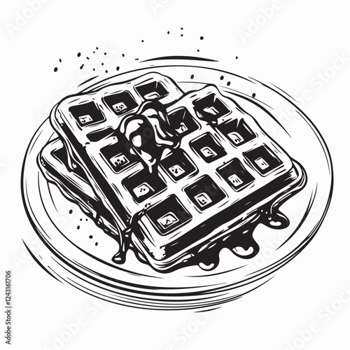 Belgian waffle with chocolate sauce served on a plate image vector on white background.