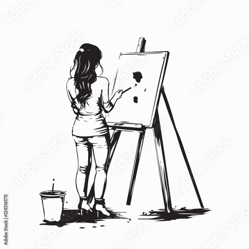 Pretty Girl artist paints on canvas painting on the easel image vector isolated on white background.
